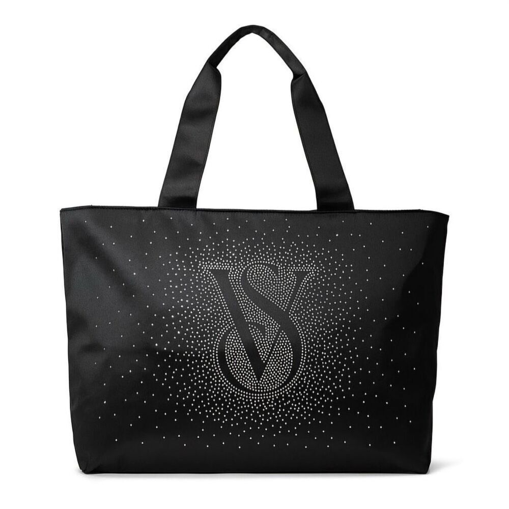 Victoria’s Secret Shine Tote Black Rhinestone Logo Oversized Glam Bag NWT